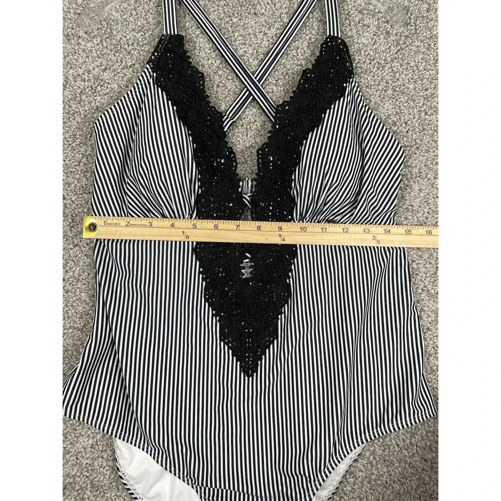 Cupshe Wish You Well One Piece Swimsuit 0X Black White Striped Lace Plunge NWT